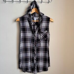 Warehouse One Sleeveless Plaid Button Down‎ Hooded Shirt Black White Pink Medium